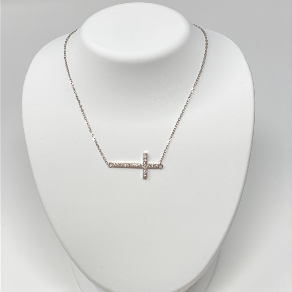 Silver CZ Sideway Cross Necklace